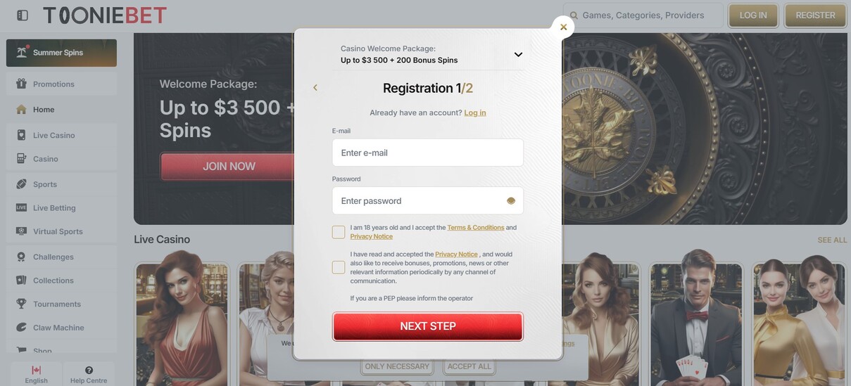 Tooniebet Casino Register Canada
