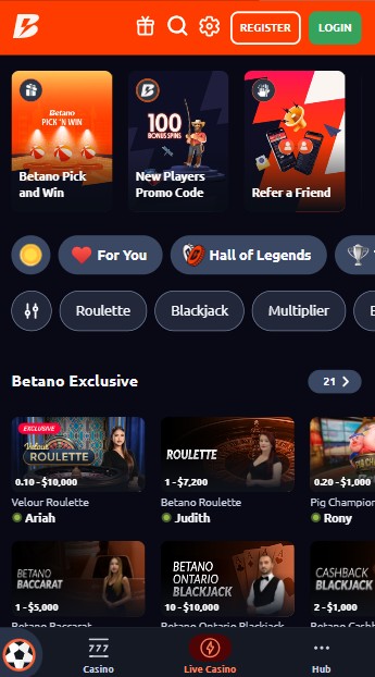Betano Live Casino Canada mobile