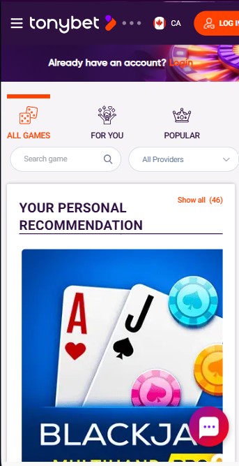 Tonybet Live Casino Canada Mobile